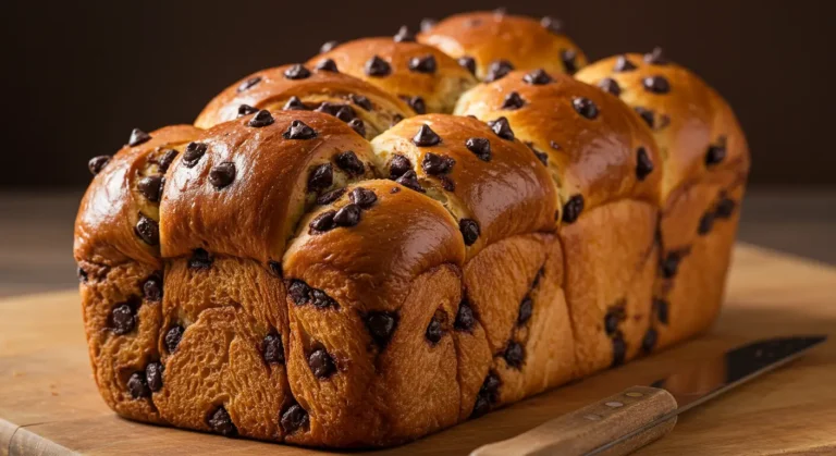 Golden-brown braided brioche loaf studded with melted chocolate chips, resting on a wooden board, surrounded by scattered chocolate chips and a knife for slicing