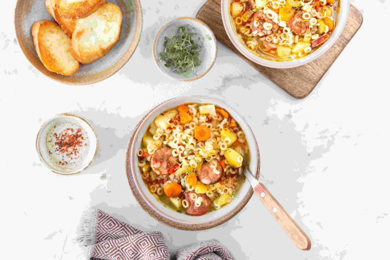 A bowl of healthy Zuppa Toscana soup featuring creamy broth, kale, potatoes, and lean sausage, garnished with fresh herbs and served with a slice of rustic bread on the side."