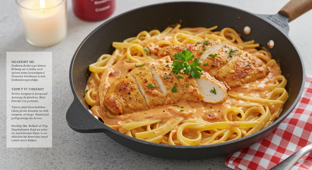 Easy Marry Chicken Pasta Recipe: A One-Pot Wonder Creamy Marry Me Chicken Pasta with tender chicken, sun-dried tomatoes, and fresh herbs, served in a white bowl for a romantic dinner idea