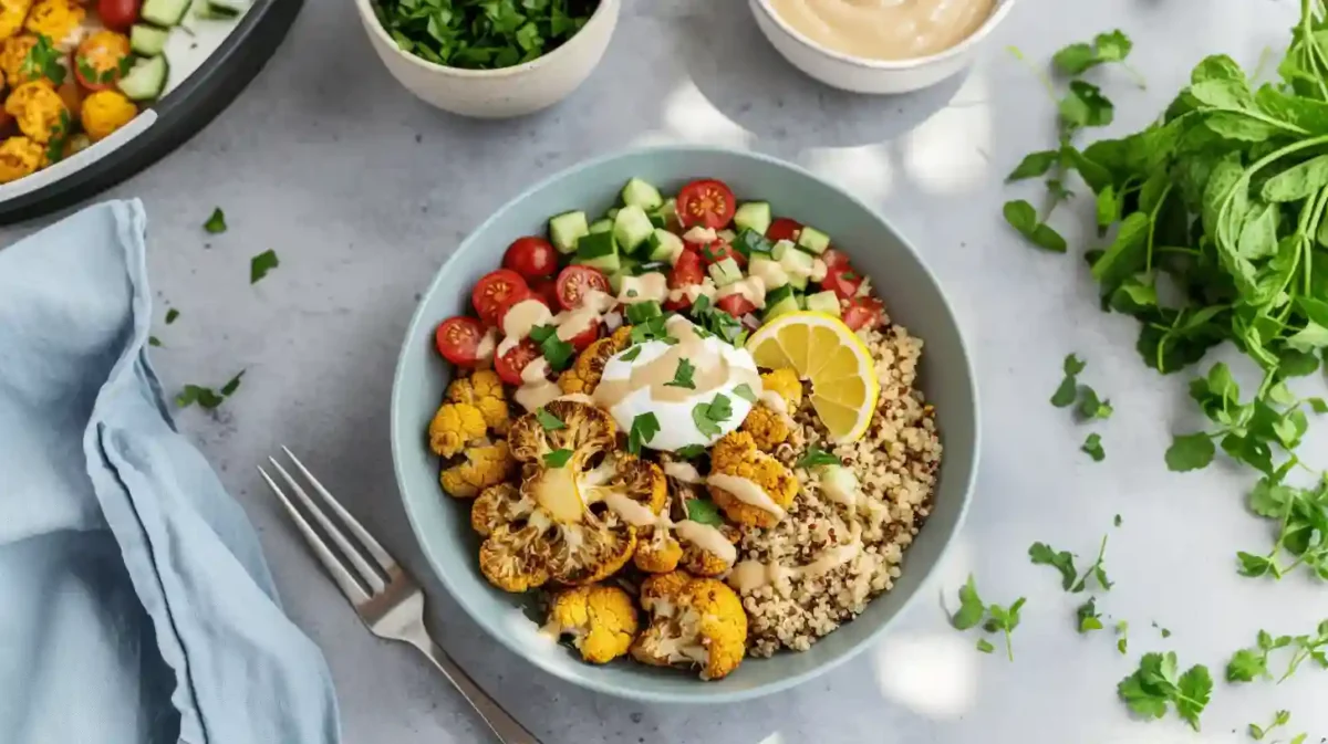 Mexican Grilled Chicken Bowl - Healthy Fitness Meals 2025 A colorful Mexican Grilled Chicken Bowl featuring sliced smoky chicken breast over brown rice, black beans, cherry tomatoes, corn, avocado slices, and a dollop of lime‑yogurt drizzle