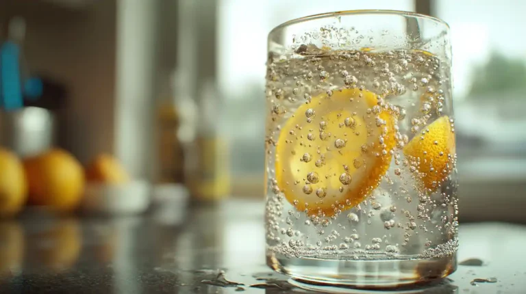 A glass of water with fresh lemon slices floating on the surface, reflecting light and creating a refreshing appearance
