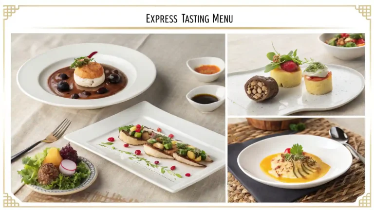 A variety of gourmet dishes served in an elegant express tasting menu presentation