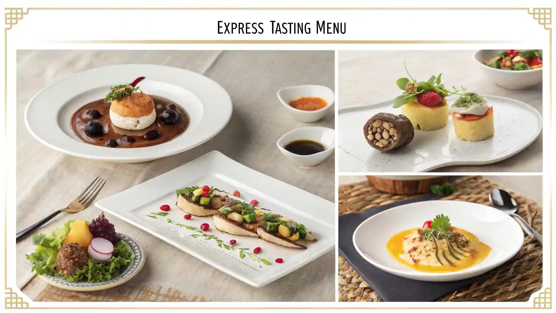 A variety of gourmet dishes served in an elegant express tasting menu presentation
