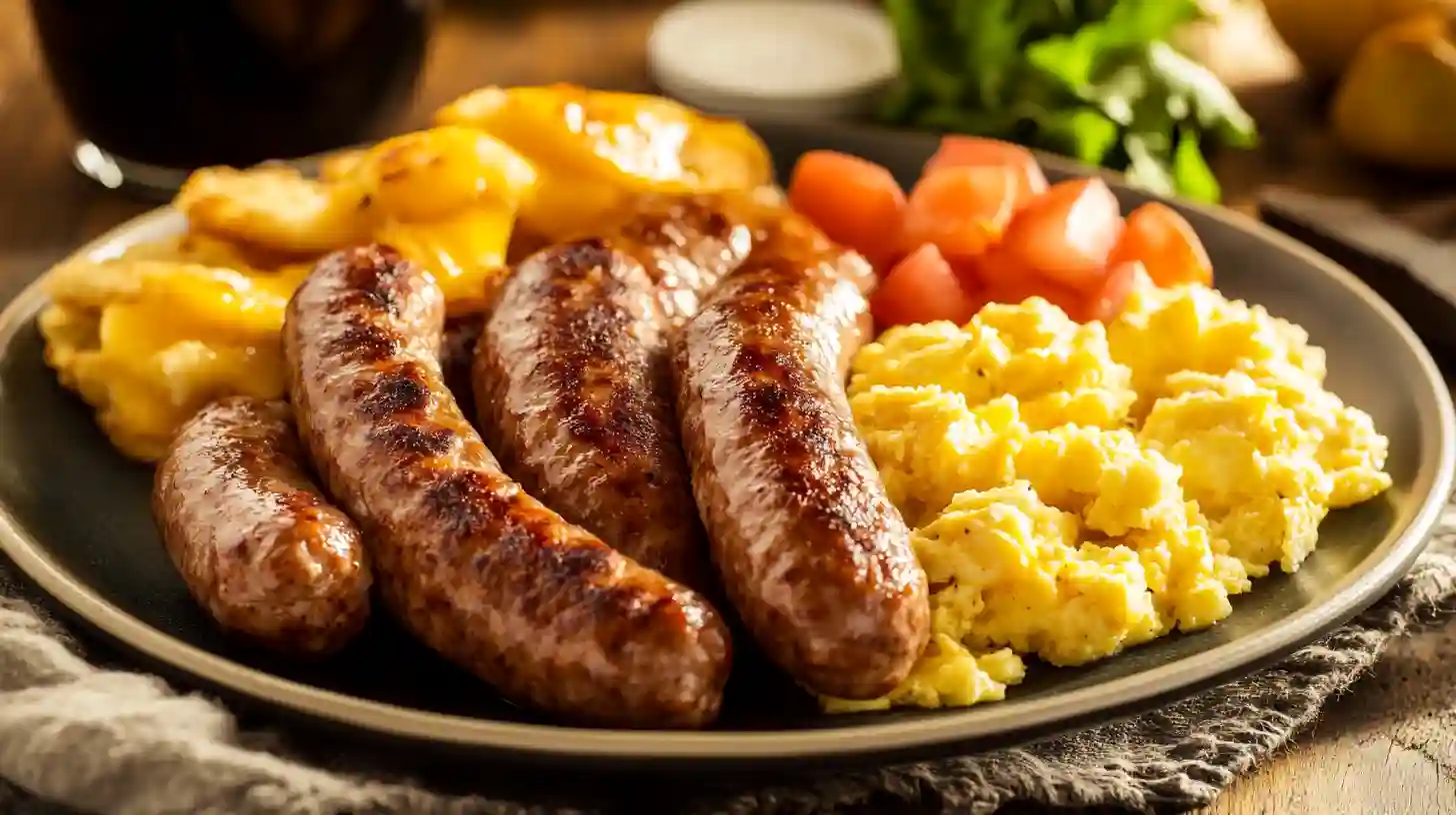 Beef Breakfast Sausage Homemade Beef Breakfast Sausage – Freshly made beef sausage patties, arranged on a wooden platter with a side of whole spices and herbs, ready to cook