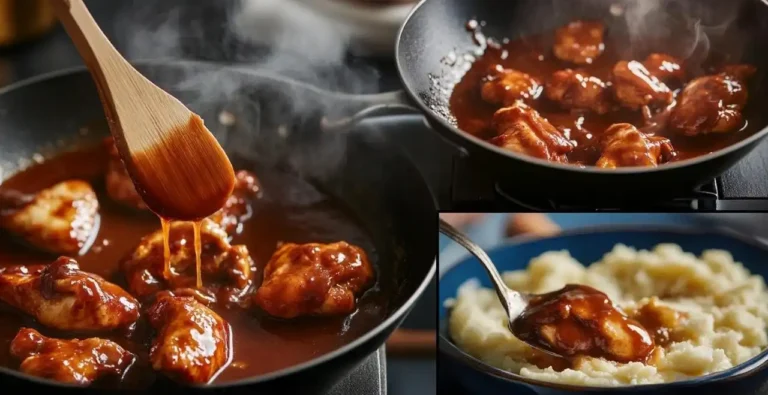 A step-Chicken and Gravy Recipe by-step visual representation of a rich, homemade chicken and gravy dish. The images showcase golden-brown chicken simmering in a glossy brown sauce, a wooden spoon drizzling the thick gravy, and a final serving of the dish over creamy mashed potatoes.