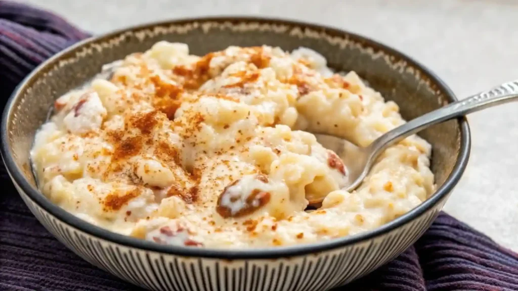 A close-up of creamy rice pudding in a rustic bowl, topped with cinnamon and raisins, on a wooden table with warm lighting.