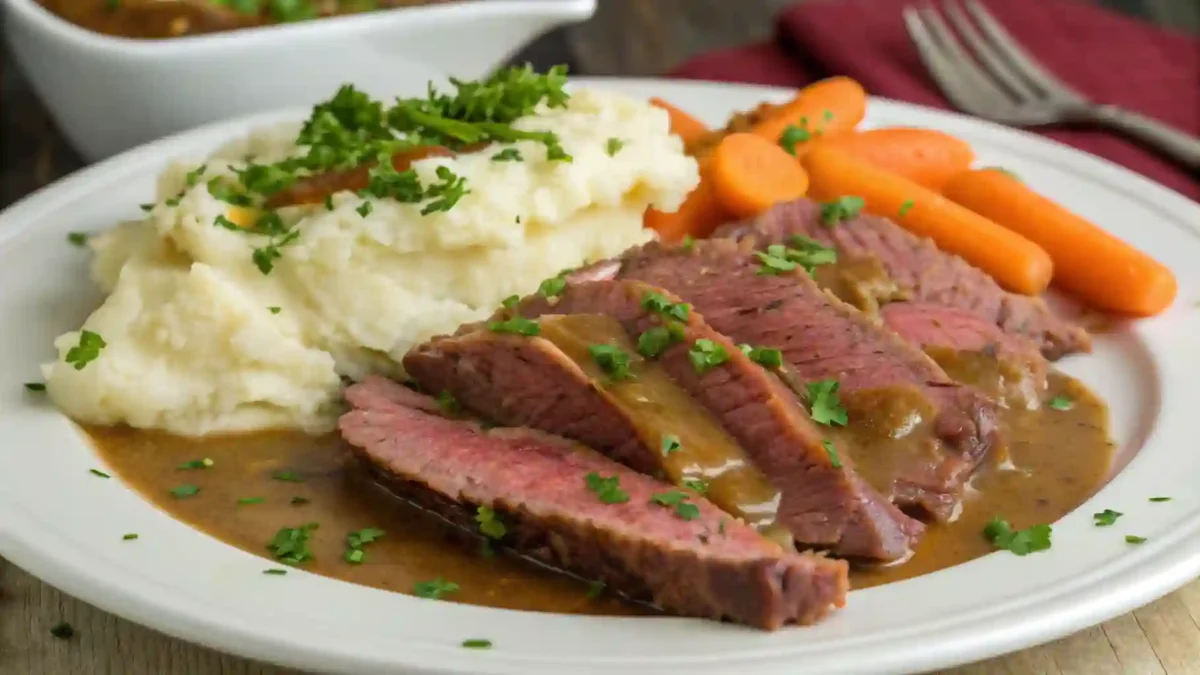 A plate of tender braised corned beef, served with a side of mashed potatoes and cabbage, garnished with parsley