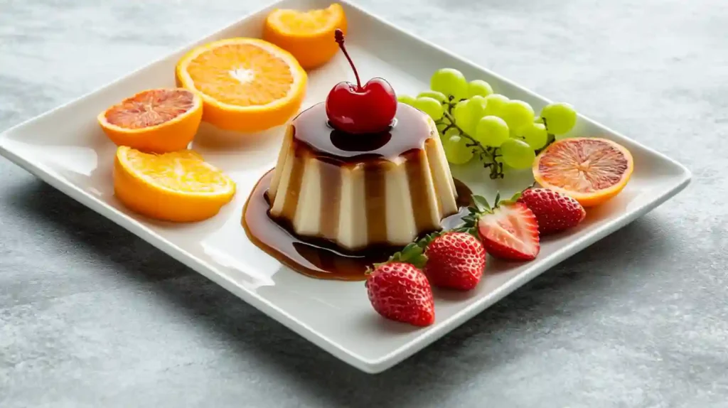 A smooth and glossy slice of Spanish flan on a white plate, topped with golden caramel sauce and garnished with a sprig of mint.