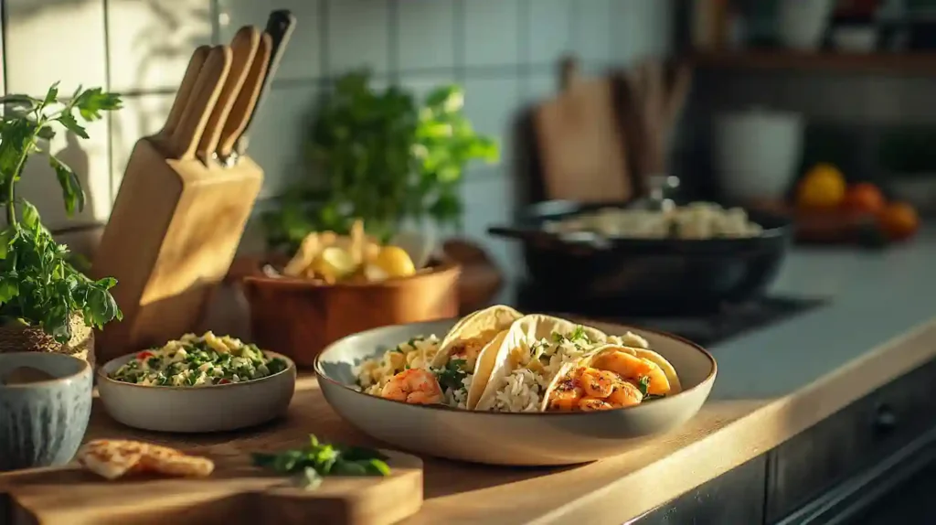 Quick and easy 5-minute dinner recipes on a kitchen counter, featuring avocado toast, microwave pasta, veggie wrap, salad bowl, and rotisserie chicken.