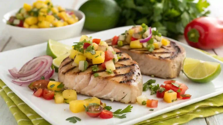 Seared tuna steak with a sesame seed crust, sliced to reveal a rare, pink center, garnished with fresh herbs and served with a side of mixed greens.