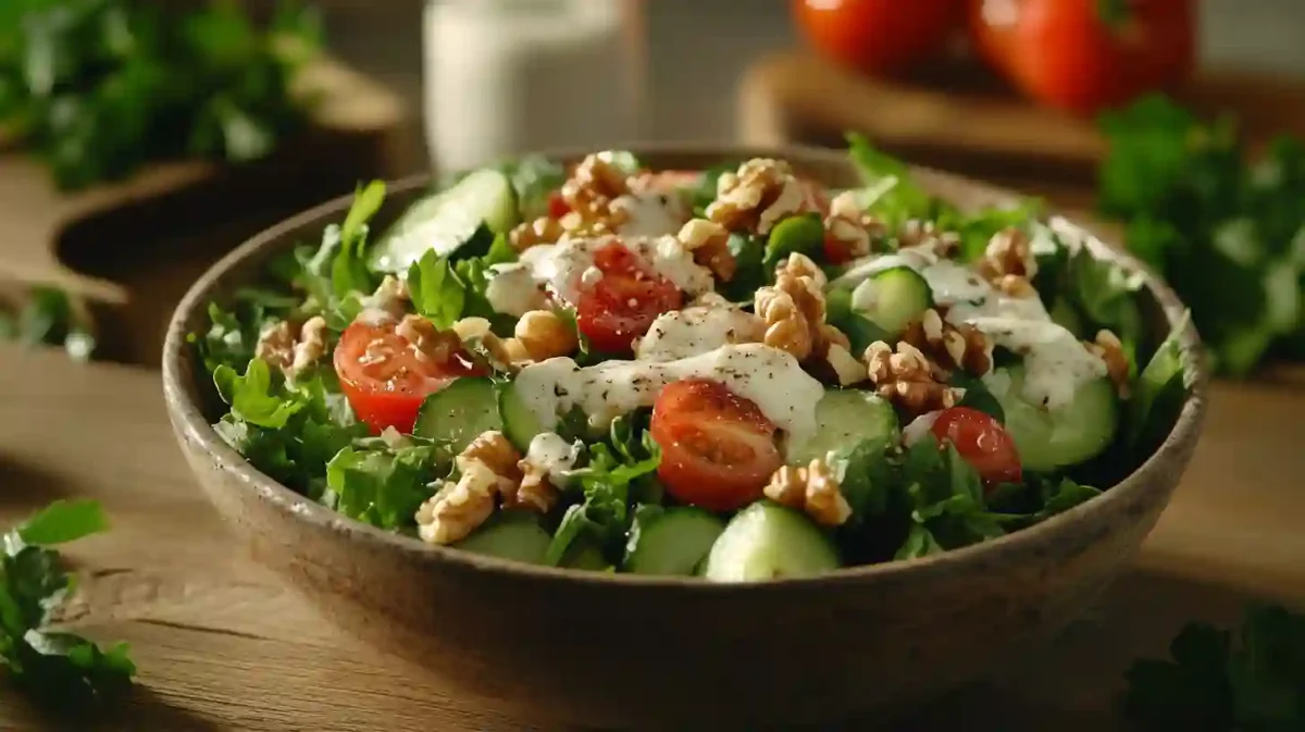 How To Make A Classic Vintage Salad recipe 3 A colorful vintage salad with fresh greens, tomatoes, cucumbers, walnuts, and a creamy dressing served in a rustic bowl.