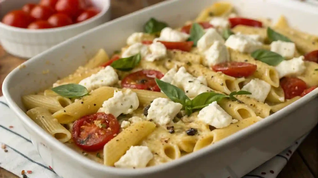 A delicious serving of baked feta pasta featuring creamy feta cheese, bursting cherry tomatoes, and perfectly cooked pasta, garnished with fresh basil.