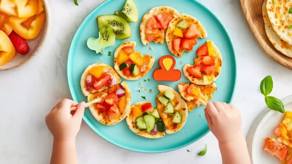 Toddler Dinner Ideas: Creative Recipes to Make Mealtime Fun 5 joyful family enjoying a healthy, toddler-friendly meal with mini quiches, veggie sticks with hummus, fruit kebabs, and mini pita pizzas at the dinner table