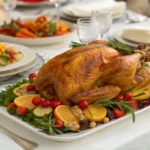 A golden-brown roasted whole Chicken Dinner Party with fresh herbs, presented on a white serving platter with lemon wedges and roasted vegetables