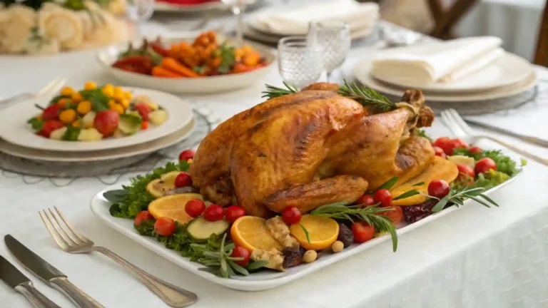 A golden-brown roasted whole Chicken Dinner Party with fresh herbs, presented on a white serving platter with lemon wedges and roasted vegetables