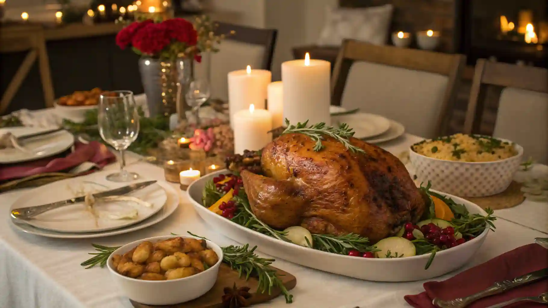The Four Best Chicken Dinner Party Recipes of All Time 1 6 A festive dinner table set with a platter of roasted chicken thighs, garnished with fresh herbs and citrus slices, surrounded by assorted colorful side dishes and salads, ready for a gathering of guests