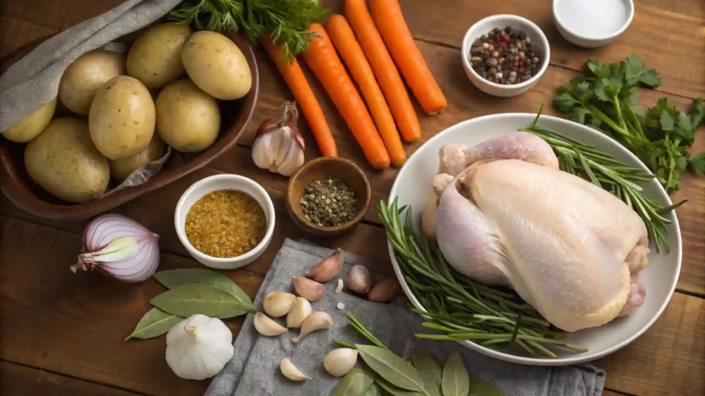 The Four Best Chicken Dinner Party Recipes of All Time 1 5 A vibrant spread of chicken dinner party dishes, including golden-brown roasted chicken thighs garnished with citrus slices and olives, surrounded by bowls of fresh salads, grains, and colorful side vegetables.