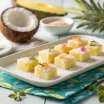 ropical coconut pineapple bites on a white plate, garnished with shredded coconut, set against a bright and tropical background. These bite-sized treats offer a burst of exotic flavors, perfect for a quick snack or dessert.