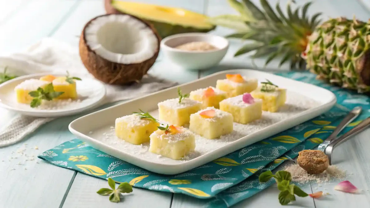 ropical coconut pineapple bites on a white plate, garnished with shredded coconut, set against a bright and tropical background. These bite-sized treats offer a burst of exotic flavors, perfect for a quick snack or dessert.
