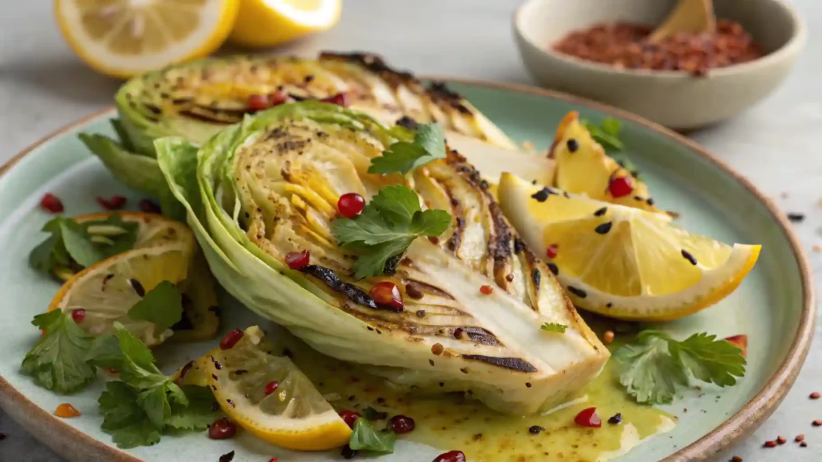 Grilled Cabbage With Preserved Lemon Mostarda Grilled cabbage recipe with preserved lemon mostarda, vegan side dish with lemon slices, herbs, and pomegranate.
