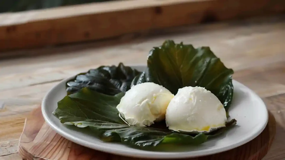 Homemade Mozzarella Cheese: Easy Recipe for Fresh Cheese at Home Two scoops of fresh homemade mozzarella cheese served on large green leaves, placed on a white plate atop a wooden surface