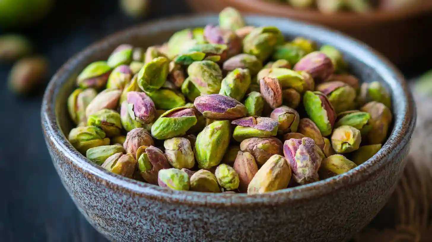 Easy Pistachio Salad Recipes 11 A bowl of creamy pistachio salad with a light green color, topped with chopped pistachios and maraschino cherries, served chilled in a glass dish.