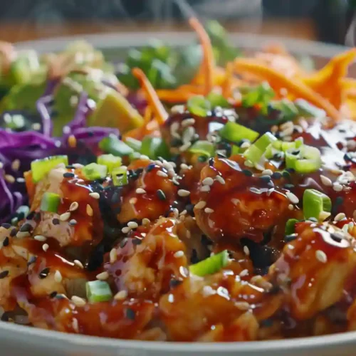 Bang Bang Chicken Bowl Recipe – A Bold & Flavorful Fusion Dish 8 Quick preparation of a Bang Bang Chicken Bowl with fresh ingredients flying mid-air