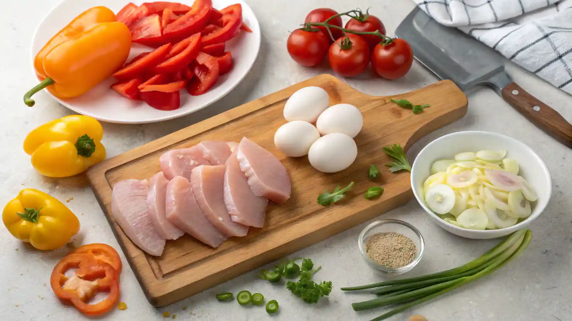 Top 5 Chicken Breakfast Recipes in 2025 6 Five high-protein chicken breakfast recipes including Indian paratha, chicken hash, burrito, waffles, and quinoa bowl on a table