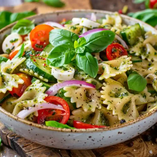 A large glass or white ceramic bowl filled with colorful bow tie pasta salad, mixed with cherry tomatoes, cucumber, carrots, bell peppers, spinach, and red onion, lightly dressed and garnished with fresh basil and black pepper, served on a wooden table in natural light