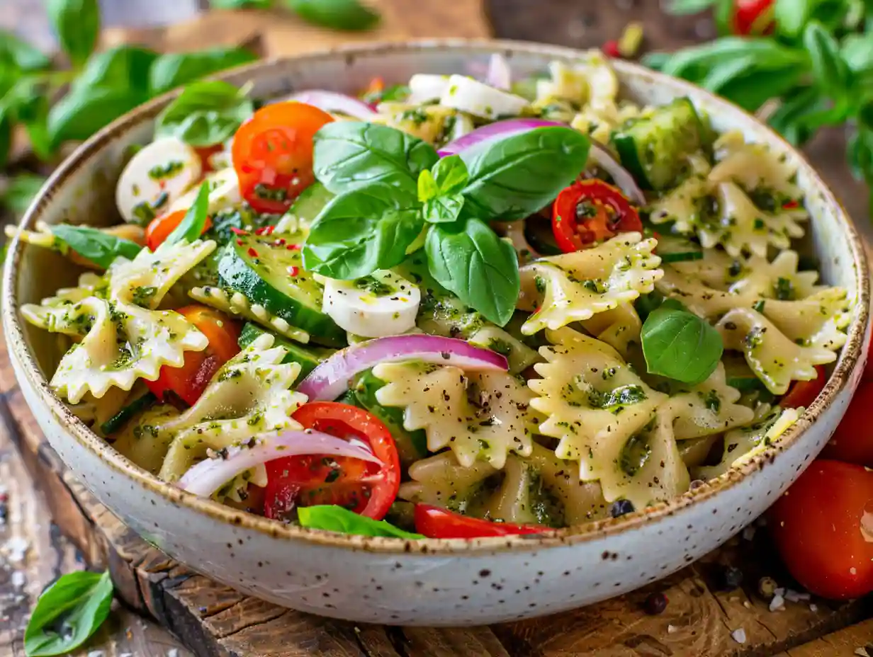 A large glass or white ceramic bowl filled with colorful bow tie pasta salad, mixed with cherry tomatoes, cucumber, carrots, bell peppers, spinach, and red onion, lightly dressed and garnished with fresh basil and black pepper, served on a wooden table in natural light