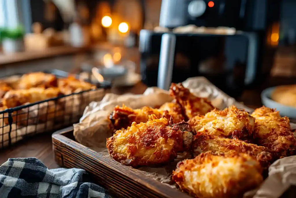 A close-up of crispy oven baked chicken wings served on a platter with dipping sauces, showcasing their golden brown, crunchy texture