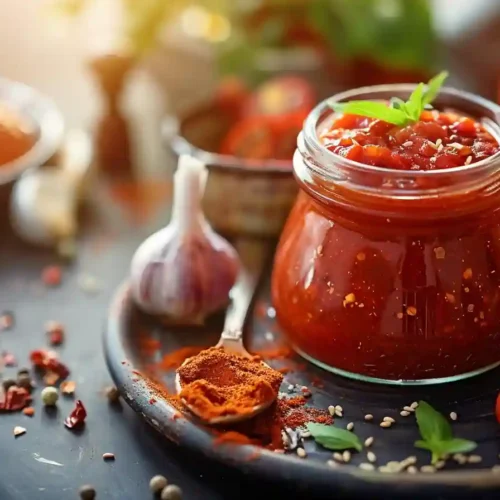 Glass jar of homemade Tex Mex Paste surrounded by garlic, cherry tomatoes, herbs, and red spices on a rustic black tray.