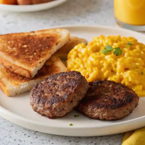Healthy Breakfast Sausage Healthy breakfast sausage patties with scrambled eggs and avocado on a white ceramic plate.