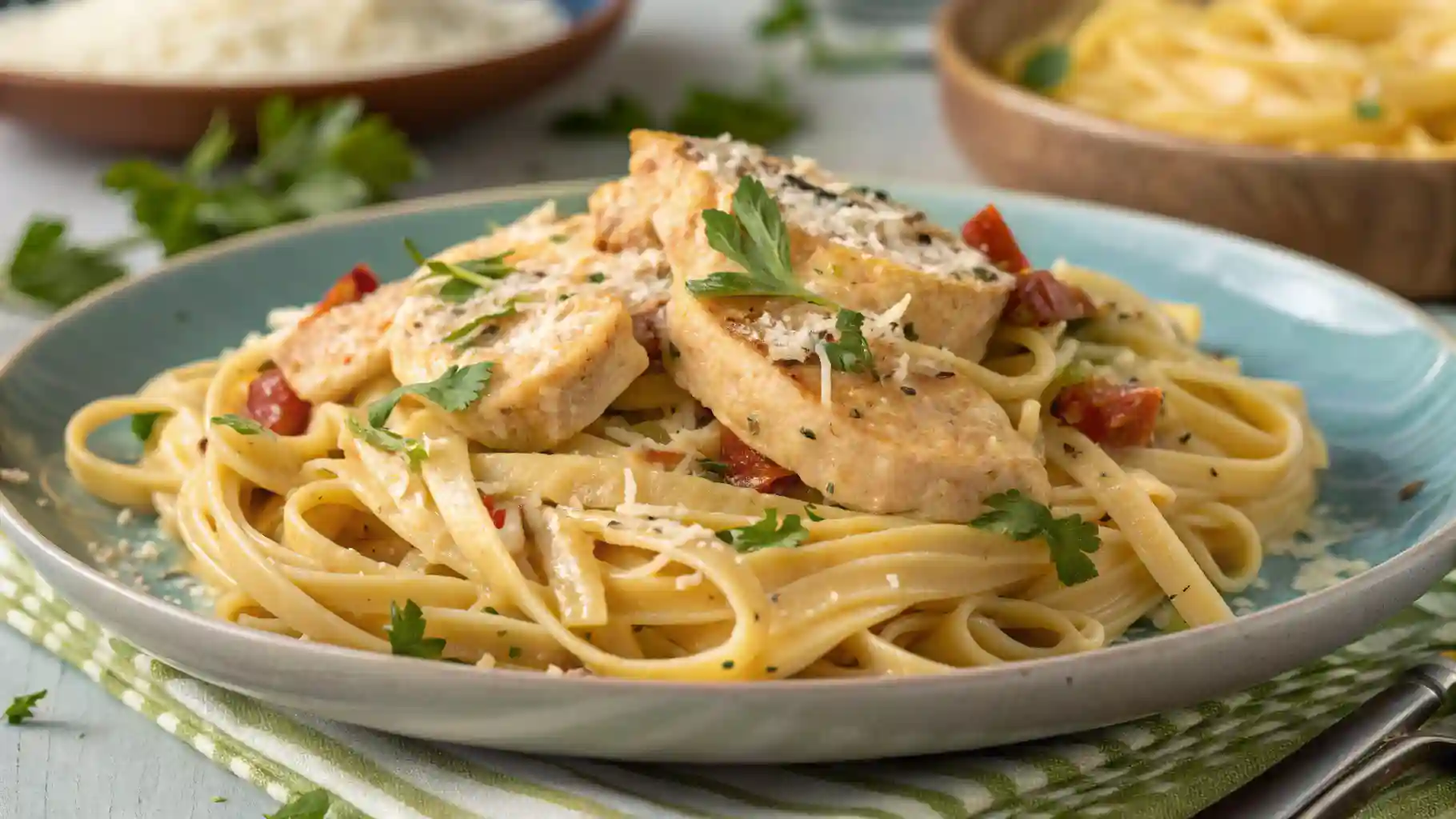 Delicious plate of easy cowboy butter chicken linguine with tender chicken slices, linguine pasta, and a rich garlic butter sauce topped with fresh parsley.