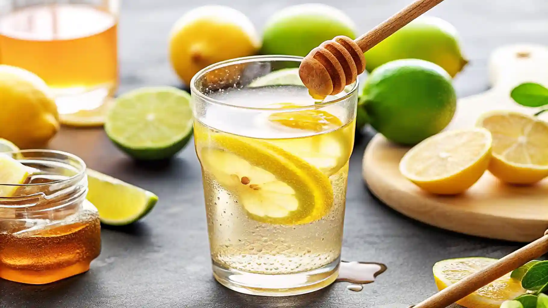 Natural Mounjaro recipe drink in a mason jar with lemon, ginger, cinnamon, and green tea on a wooden table