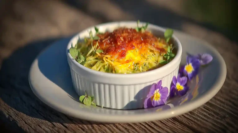 Savory crab brûlée served in a white ramekin, topped with caramelized cheese and garnished with microgreens, presented on a rustic wooden table.