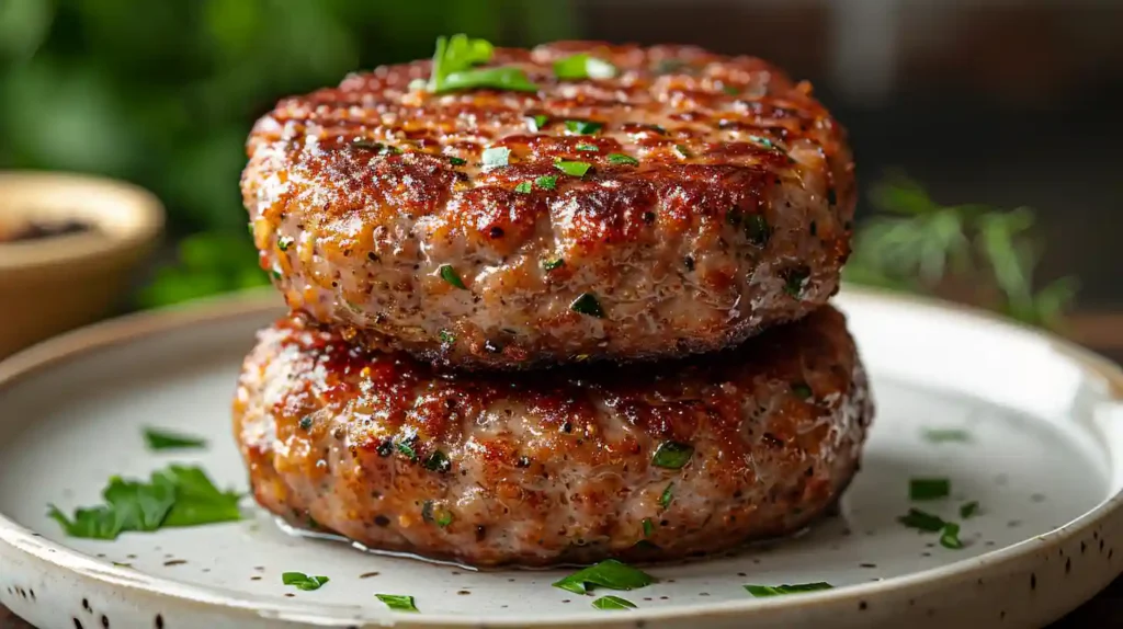 Healthy Breakfast Sausage Plate with cooked healthy breakfast sausage patties ready to serve.