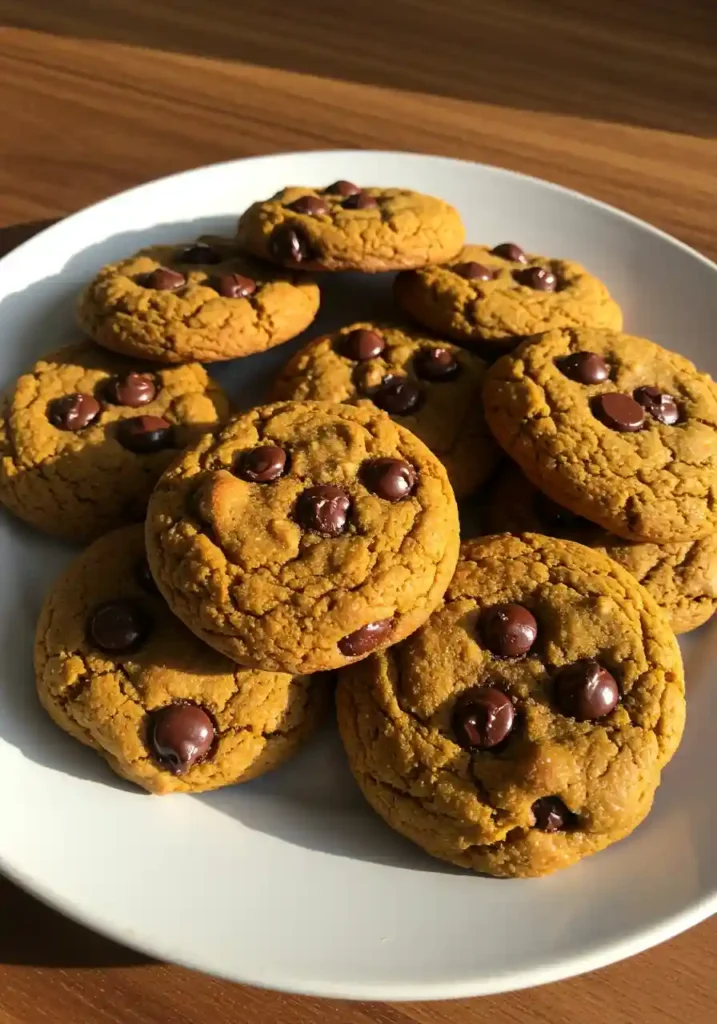Raw pumpkin chocolate chip cookie dough balls on parchment-lined baking sheet ready for oven