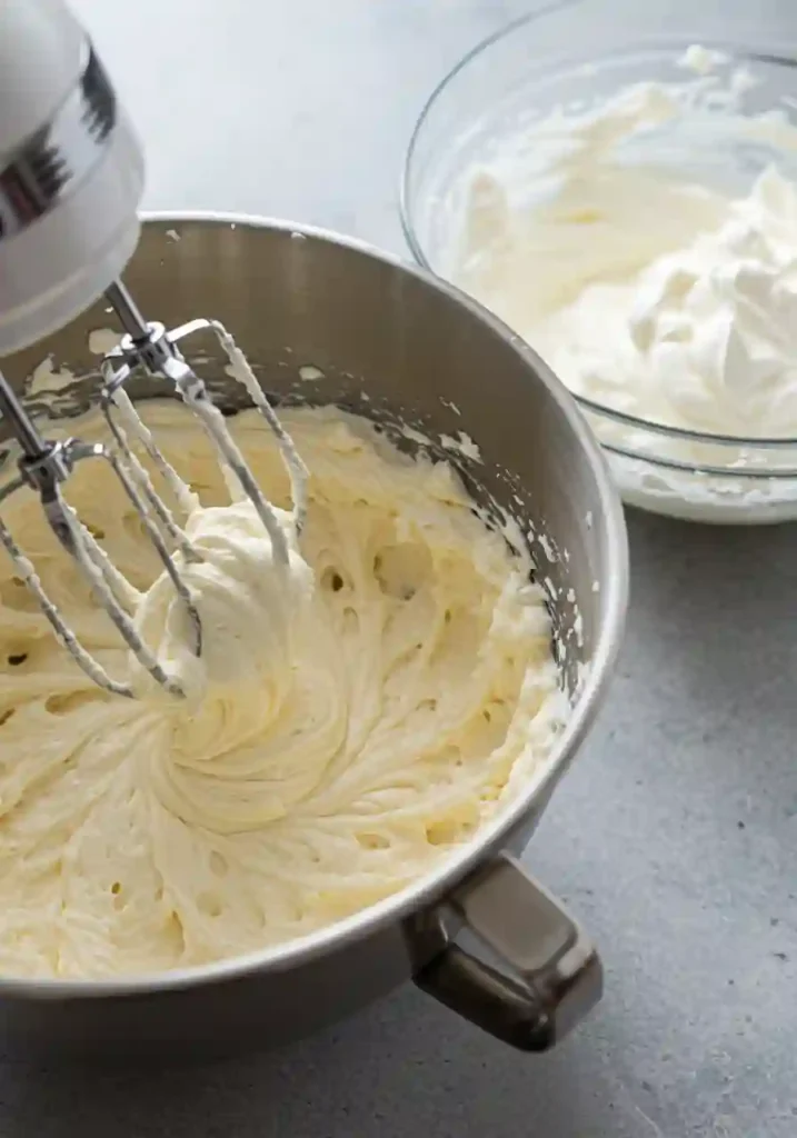 Cream cheese mixture being whipped with an electric mixer for no bake strawberry cheesecake filling