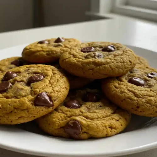 Stack of soft pumpkin chocolate chip cookies with melted chocolate chips on white plate