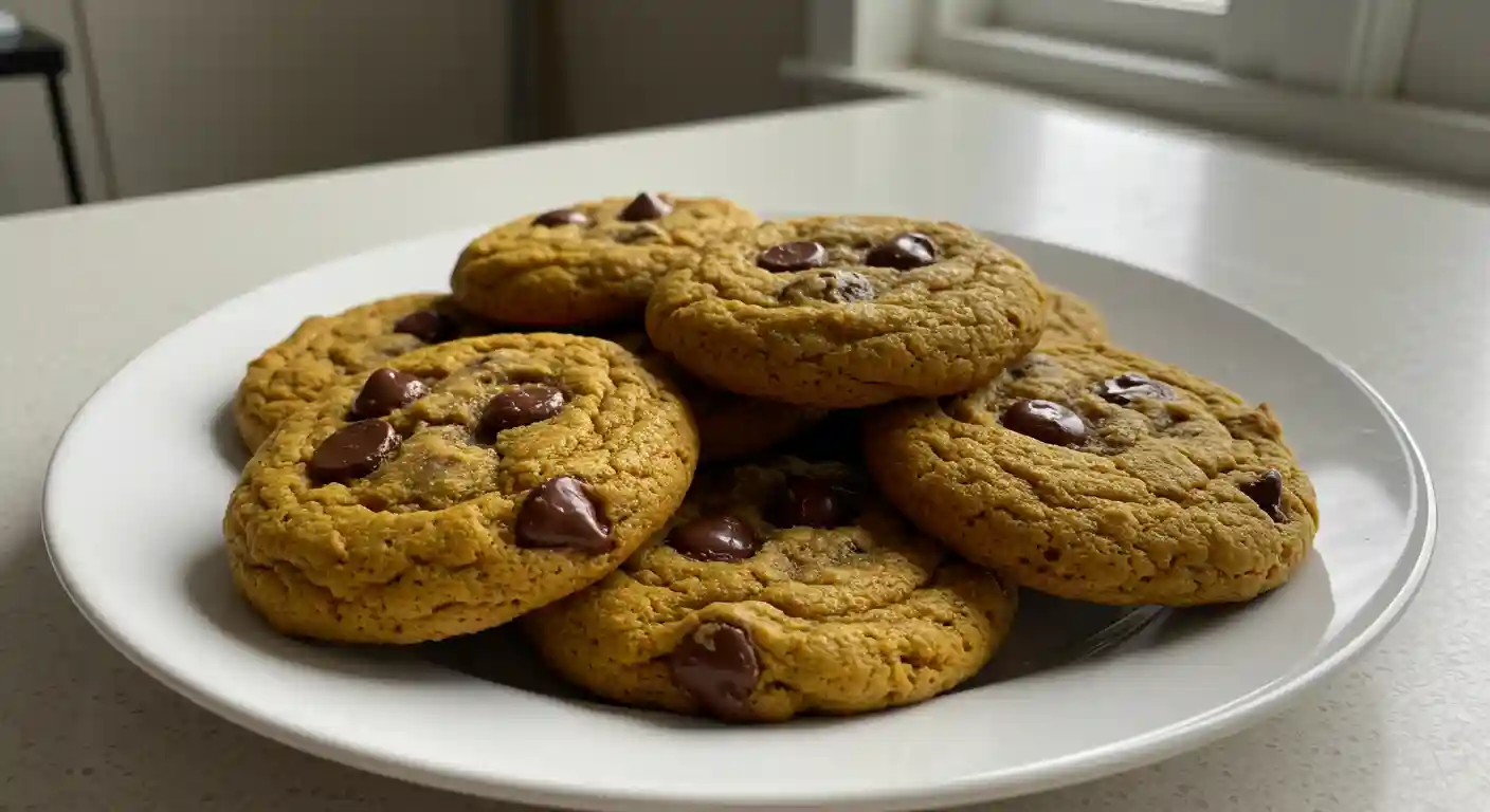 Stack of soft pumpkin chocolate chip cookies with melted chocolate chips on white plate