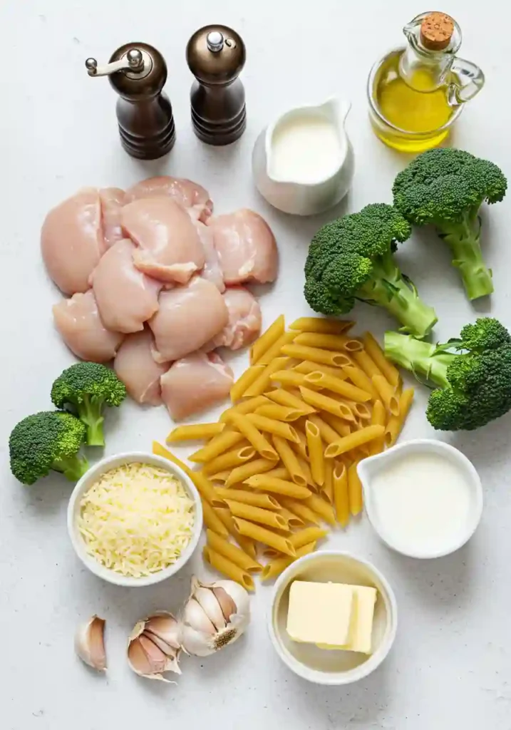 Chicken Broccoli Alfredo Raw ingredients for chicken broccoli Alfredo recipe