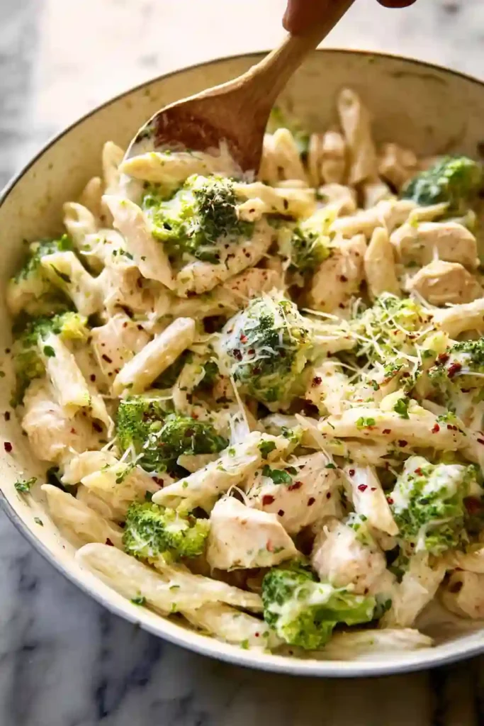 Chicken Broccoli Alfredo Tossing cooked chicken, broccoli, and pasta in Alfredo sauce