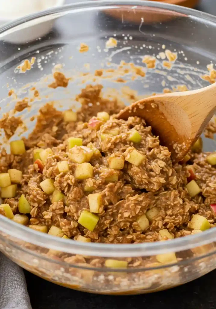 Pumpkin Apple Baked Oatmeal Hands mixing pumpkin oatmeal batter with wooden spoon in large glass bowl showing wet and dry ingredients combining