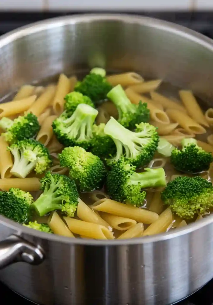 Chicken Broccoli Alfredo Boiling fettuccine and broccoli in a pot of salted water