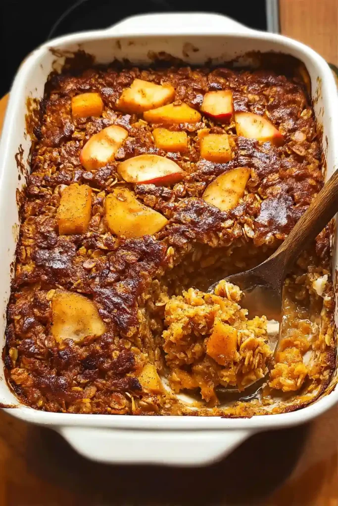 Pumpkin Apple Baked Oatmeal Fresh baked pumpkin apple oatmeal cooling in baking dish with golden brown top and steam rising