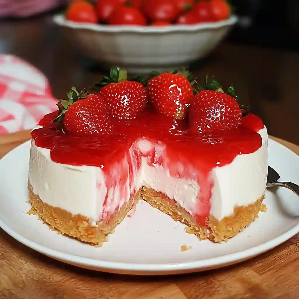 Slices of no bake strawberry cheesecake with graham cracker crust and strawberry topping served on plates