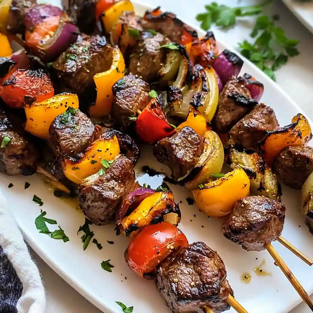 Juicy grilled steak kabobs with colorful vegetables, lemon wedges, and herbs