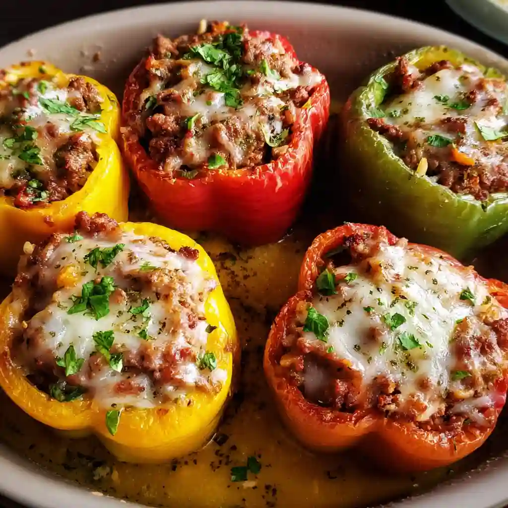Stuffed Bell Peppers Ground Beef Baked stuffed peppers with golden cheese and herbs on top