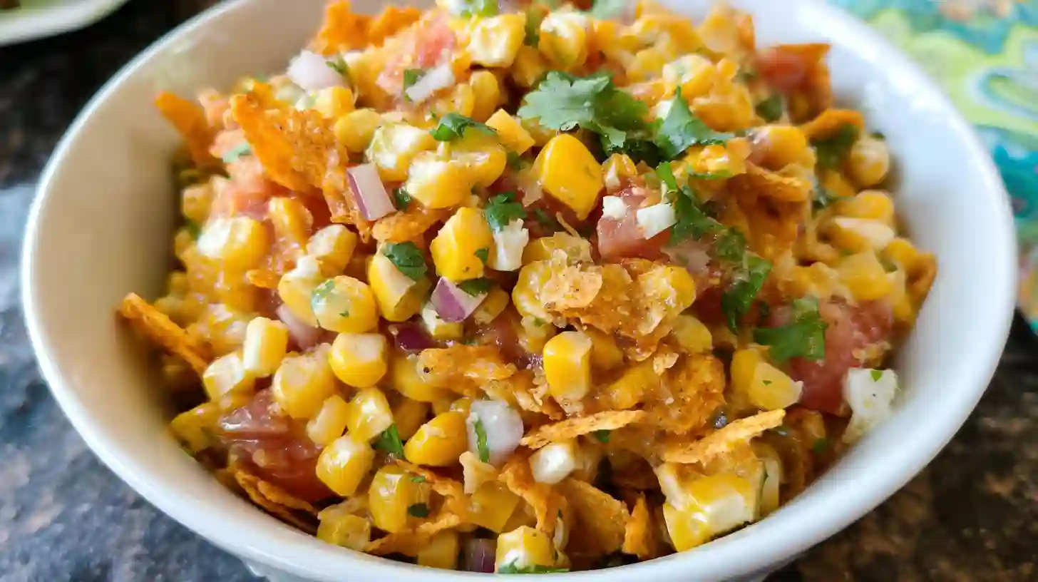 Frito Corn Salad A bowl of creamy Frito Corn Salad topped with crunchy Fritos, ready to serve